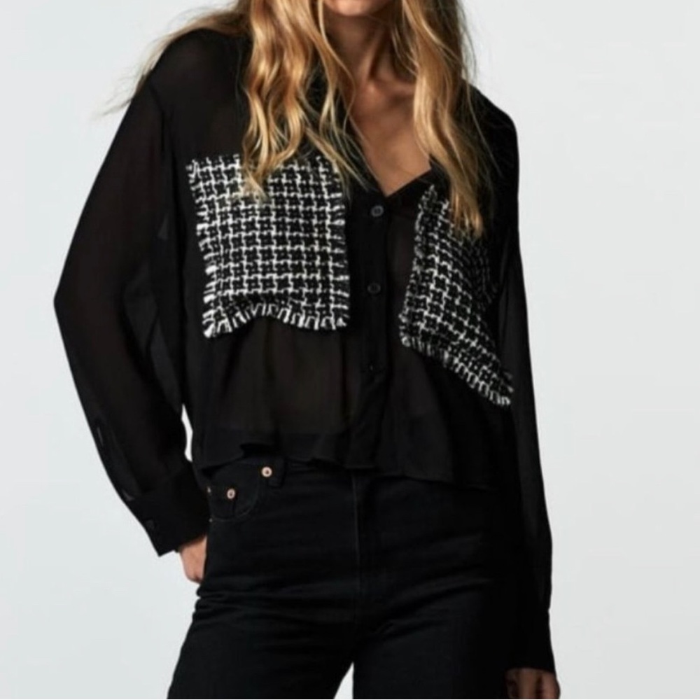 Zara black sheer plaid blouse
